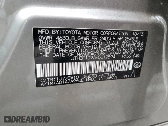 2014 Lexus IS with VIN JTHBF1D23E5019594, listed as a Copart auction lot 53524395 with 41,798 mi miles and Salvage Title. Bid and sale history available at carsss.com. Image 14.