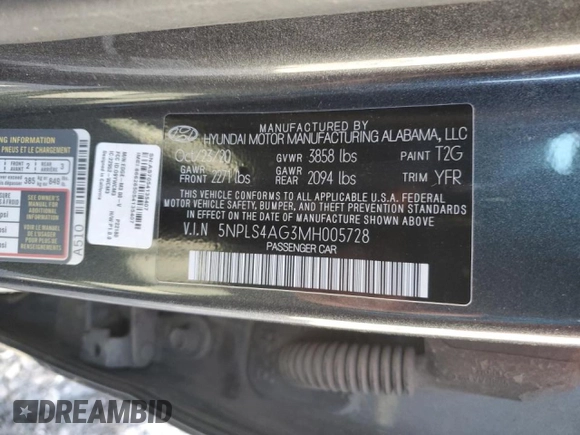 2021 Hyundai Elantra SEL z VIN 5NPLS4AG3MH005728, wystawiony jako Copart lot #44517625 z przebiegiem 94 701 mil mil oraz Szkoda całkowita • Salvage title. Historia ofert i sprzedaży dostępna na DreamBid. Obrazek 12.