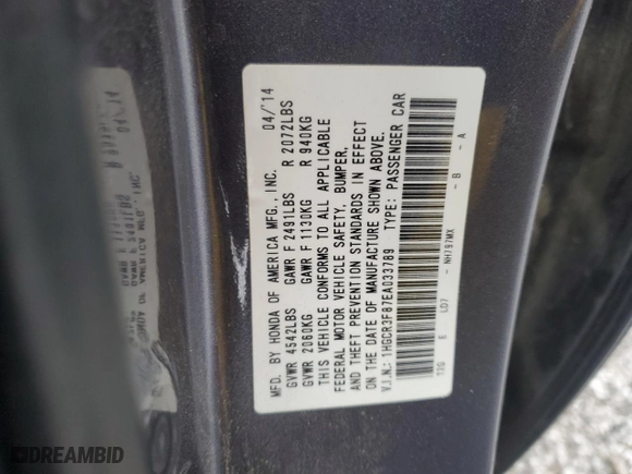 2014 Honda Accord Sedan EX-L with VIN 1HGCR3F87EA033789, listed as a Copart auction lot 85529774 with 132,939 mi miles and Salvage Title. Bid and sale history available at carsss.com. Image 15.