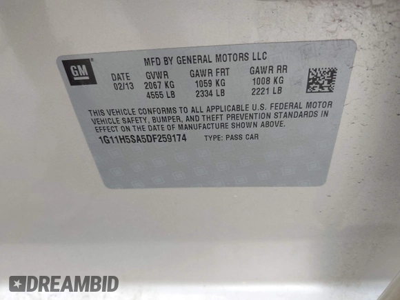 2013 Chevrolet Malibu LTZ with VIN 1G11H5SA5DF259174, listed as a IAAI auction lot 42145891 with 158,959 mi miles and . Bid and sale history available at DreamBid. Image 9.