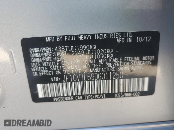 2013 Subaru Impreza Sedan WRX WRX with VIN JF1GV7E69DG011250, listed as a Copart auction lot 74987624 with 65,414 mi miles and Salvage Title. Bid and sale history available at carsss.com. Image 12.