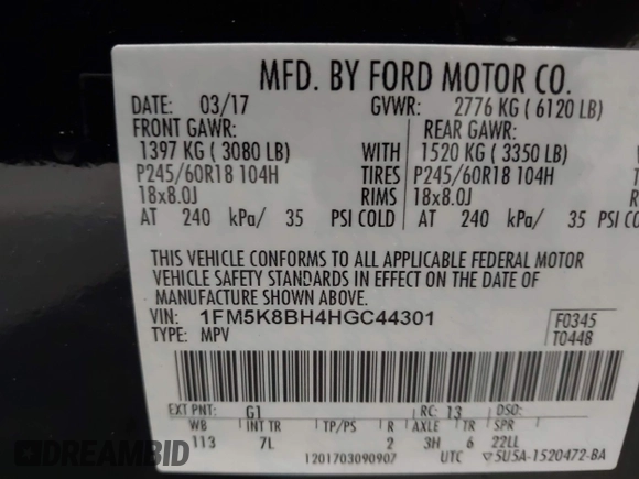 2017 Ford Explorer with VIN 1FM5K8BH4HGC44301, listed as a IAAI auction lot 42141134 with 148,853 mi miles and . Bid and sale history available at carsss.com. Image 9.
