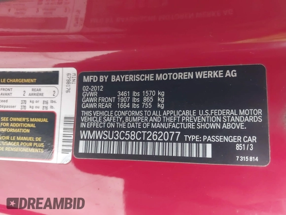 2012 MINI Hardtop with VIN WMWSU3C58CT262077, listed as a IAAI auction lot 42140178 with 70,099 mi miles and . Bid and sale history available at DreamBid. Image 9.