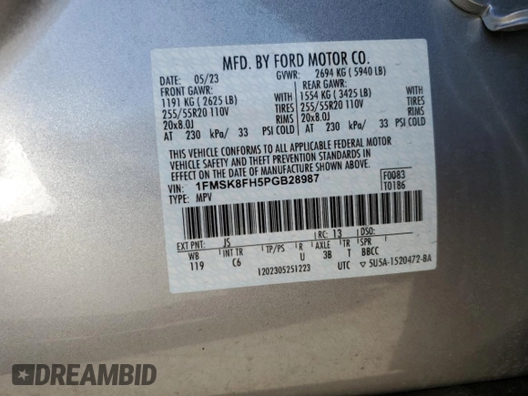 2023 Ford Explorer Limited with VIN 1FMSK8FH5PGB28987, listed as a Copart auction lot 76655474 with 10,996 mi miles and Salvage Title. Bid and sale history available at carsss.com. Image 16.