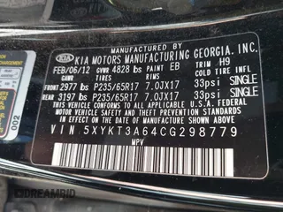 2012 Kia Sorento LX z VIN 5XYKT3A64CG298779, wystawiony jako IAAI lot #42303831 z przebiegiem 251 666 mil mil oraz . Historia ofert i sprzedaży dostępna na DreamBid. Obrazek 9.