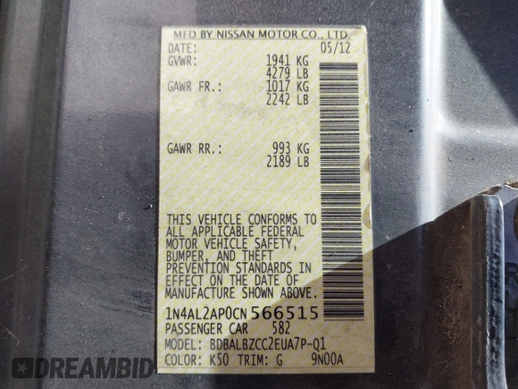 2012 Nissan Altima 2.5 with VIN 1N4AL2AP0CN566515, listed as a IAAI auction lot 41977356 with 294,729 mi miles and . Bid and sale history available at DreamBid. Image 9.