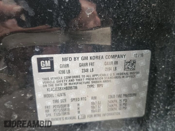 2017 Buick Encore Essence with VIN KL4CJCSBXHB099706, listed as a Copart auction lot 89332975 with 98,045 mi miles and Salvage Title. Bid and sale history available at DreamBid. Image 15.