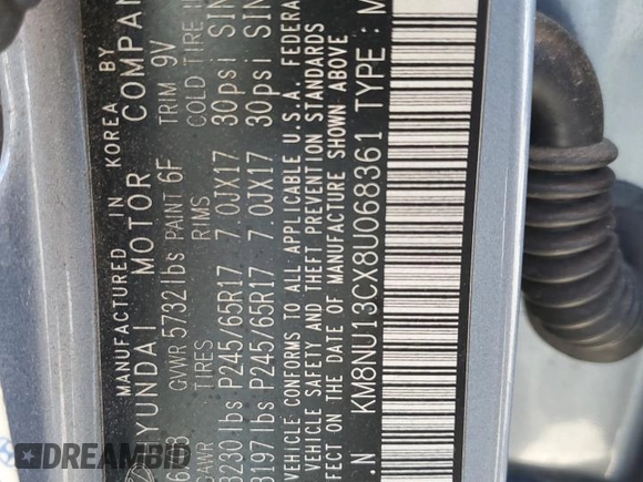 2008 Hyundai Veracruz GLS with VIN KM8NU13CX8U068361, listed as a Copart auction lot 54476365 with 90,321 mi miles and Salvage Title. Bid and sale history available at DreamBid. Image 14.