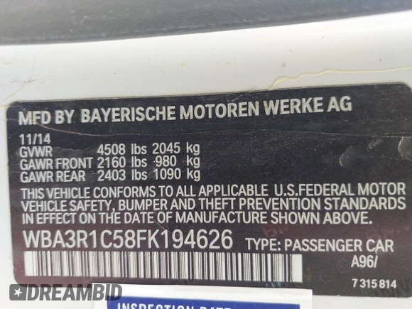 2015 BMW 4 Series 435i z VIN WBA3R1C58FK194626, wystawiony jako IAAI lot #42082585 z przebiegiem 70 619 mil mil oraz . Historia ofert i sprzedaży dostępna na DreamBid. Obrazek 9.