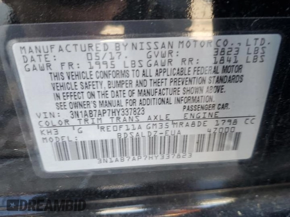 2017 Nissan Sentra S with VIN 3N1AB7AP7HY337823, listed as a Copart auction lot 62816995 with 73,448 mi miles and Salvage title. Bid and sale history available at DreamBid. Image 13.