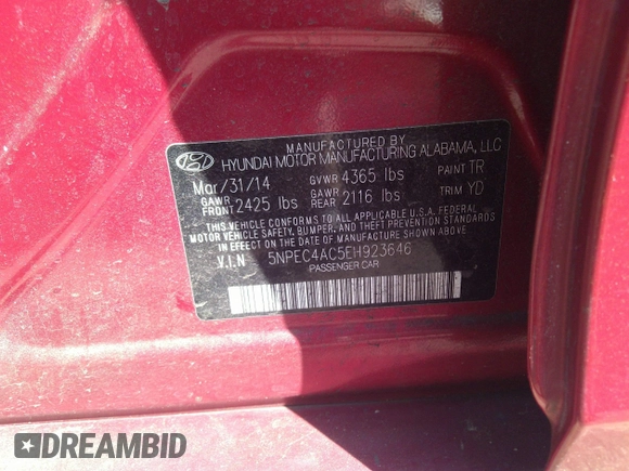 2014 Hyundai Sonata SE with VIN 5NPEC4AC5EH923646, listed as a IAAI auction lot 41935203 with 90,506 mi miles and . Bid and sale history available at DreamBid. Image 9.