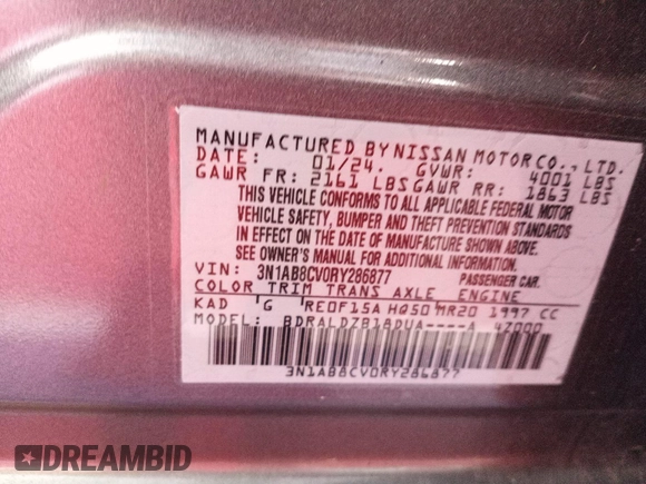 2024 Nissan Sentra SV with VIN 3N1AB8CV0RY286877, listed as a IAAI auction lot 42794013 with 21,410 mi miles and . Bid and sale history available at DreamBid. Image 35.
