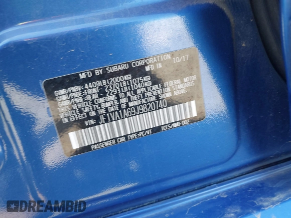 2018 Subaru WRX with VIN JF1VA1A69J9820740, listed as a IAAI auction lot 41749784 with 131,380 mi miles. Bid and sale history available at carsss.com. Image 9.
