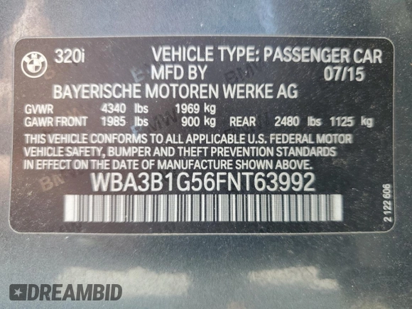 2015 BMW 3 Series 320i z VIN WBA3B1G56FNT63992, wystawiony jako Copart lot #60656215 z przebiegiem Nie podano mil oraz Czysty tytuł • Clean title. Historia ofert i sprzedaży dostępna na DreamBid. Obrazek 12.