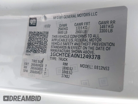 2022 Chevrolet Colorado 4WD LT with VIN 1GCHTCEA0N1249378, listed as a IAAI auction lot 41733075 with 37,641 mi miles and . Bid and sale history available at DreamBid. Image 9.