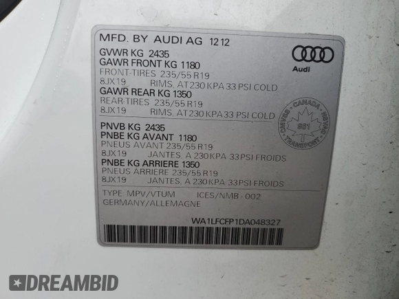 2013 Audi Q5 Premium z VIN WA1LFCFP1DA048327, wystawiony jako Copart lot #61164724 z przebiegiem 105 035 mil mil oraz Szkoda całkowita • Salvage title. Historia ofert i sprzedaży dostępna na DreamBid. Obrazek 13.
