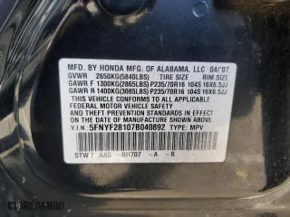 2007 Honda Pilot LX with VIN 5FNYF28107B040892, listed as a Copart auction lot 51130055 with 0 mi miles and Salvage Title. Bid and sale history available at carsss.com. Image 13.