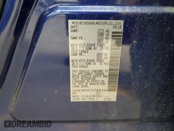 2019 Nissan Pathfinder SV z VIN 5N1DR2MN5KC578620, wystawiony jako Copart lot #54454645 z przebiegiem 146 069 mil mil oraz Czysty tytuł • Clean title. Historia ofert i sprzedaży dostępna na DreamBid. Obrazek 13.