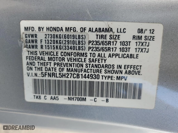 2012 Honda Odyssey LX with VIN 5FNRL5H27CB144930, listed as a Copart auction lot 60875634 with 63,870 mi miles and Non Repairable. Bid and sale history available at carsss.com. Image 14.