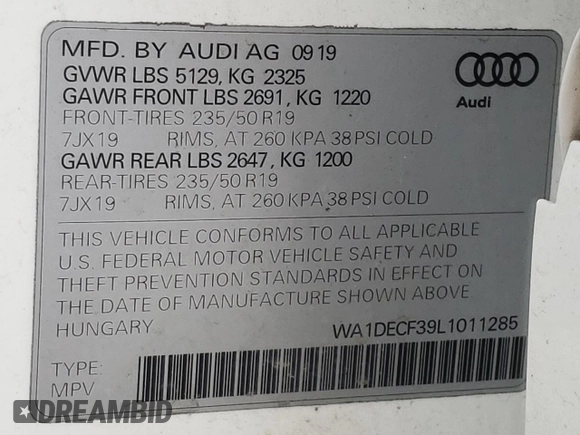 2020 Audi Q3 S line Premium with VIN WA1DECF39L1011285, listed as a Copart auction lot 36821583 with 42,252 mi miles. Bid and sale history available at carsss.com. Image 14.