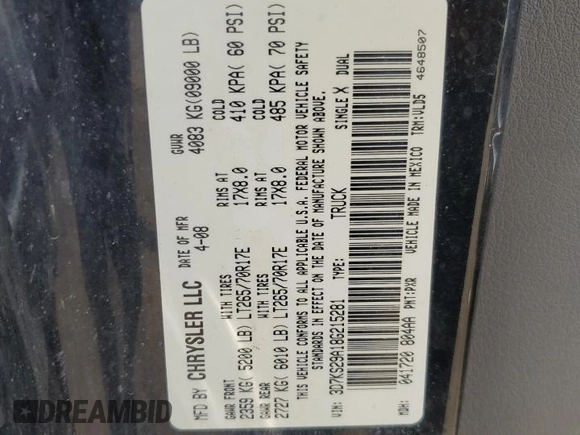 2008 Dodge Ram 2500 Laramie with VIN 3D7KS29A18G215281, listed as a Copart auction lot 66127594 with 216,943 mi miles and Salvage Title. Bid and sale history available at carsss.com. Image 12.