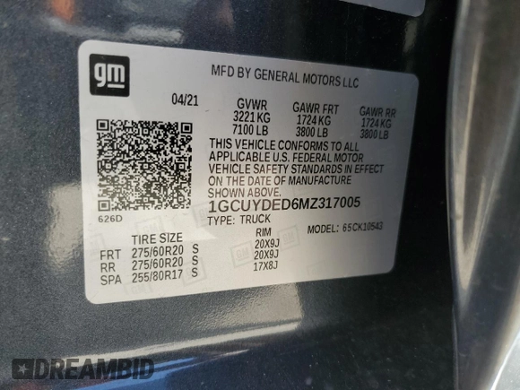 2021 Chevrolet Silverado 1500 LT with VIN 1GCUYDED6MZ317005, listed as a Copart auction lot 47091675 with 46,381 mi miles and Salvage Title. Bid and sale history available at DreamBid. Image 13.