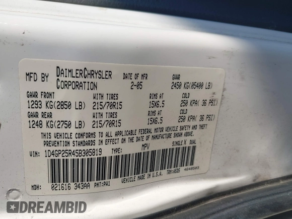 2005 Dodge Caravan SE with VIN 1D4GP25R45B305819, listed as a IAAI auction lot 41011300 with 229,466 mi miles and . Bid and sale history available at carsss.com. Image 9.