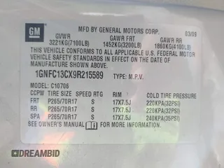 2009 Chevrolet Tahoe LS с VIN 1GNFC13CX9R215589, выставлен на аукционе IAAI как лот 42789982 с пробегом 269 379 миль миль и . История ставок и продаж доступна на DreamBid. Изображение 9.
