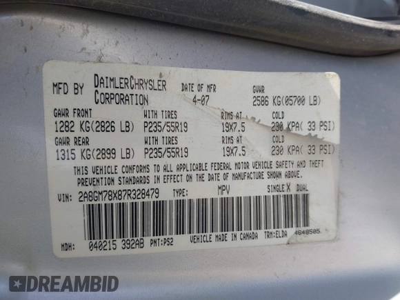 2007 Chrysler Pacifica с VIN 2A8GM78X87R328479, выставлен на аукционе IAAI как лот 41824357 с пробегом 141 066 миль миль и . История ставок и продаж доступна на DreamBid. Изображение 9.