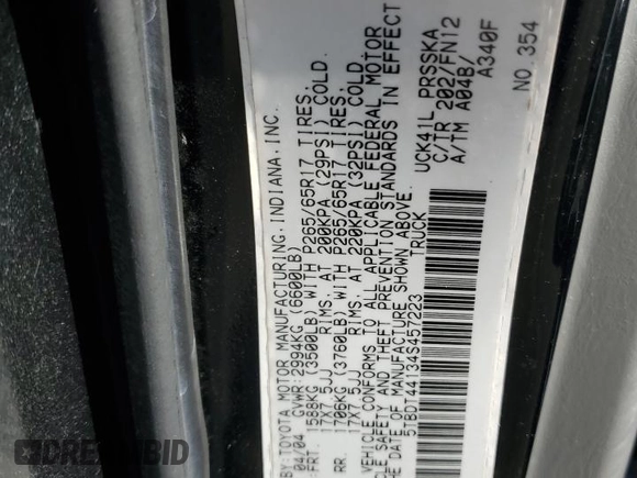 2004 Toyota Tundra SR5 with VIN 5TBDT44134S457223, listed as a Copart auction lot 53618255 with 77,696 mi miles and Salvage Title. Bid and sale history available at DreamBid. Image 12.