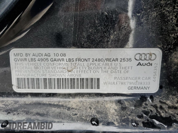 2009 Audi A4 2.0T Prem with VIN WAULF78K79N038333, listed as a Copart auction lot 47379525 with 141,040 mi miles and Clean Title. Bid and sale history available at carsss.com. Image 12.