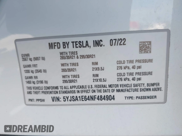2022 Tesla Model S Plaid with VIN 5YJSA1E64NF484904, listed as a IAAI auction lot 41594464 with 25,299 mi miles and . Bid and sale history available at DreamBid. Image 9.