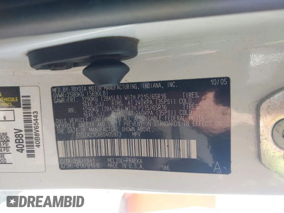 2006 Toyota Sienna CE with VIN 5TDZA23CX6S405973, listed as a IAAI auction lot 42088039 with 260,115 mi miles and . Bid and sale history available at DreamBid. Image 9.