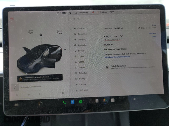 2021 Tesla Model Y Performance with VIN 5YJYGDEF0MF137692, listed as a Copart auction lot 55333395 with 56,325 mi miles and Salvage Title. Bid and sale history available at DreamBid. Image 9.