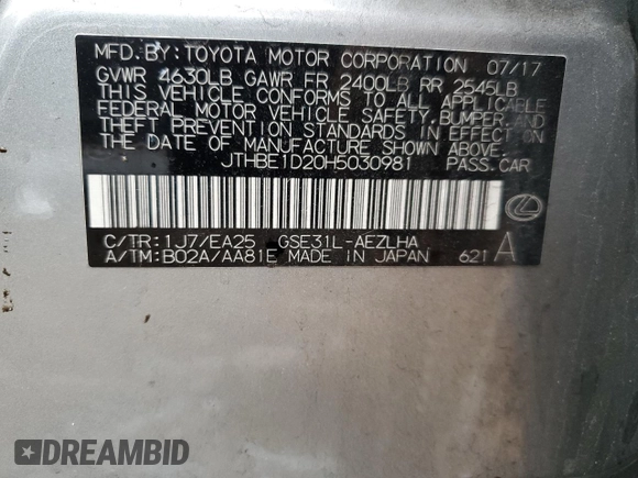 2017 Lexus IS 350 with VIN JTHBE1D20H5030981, listed as a Copart auction lot 84973764 with Not Provided miles and Salvage Title. Bid and sale history available at DreamBid. Image 12.