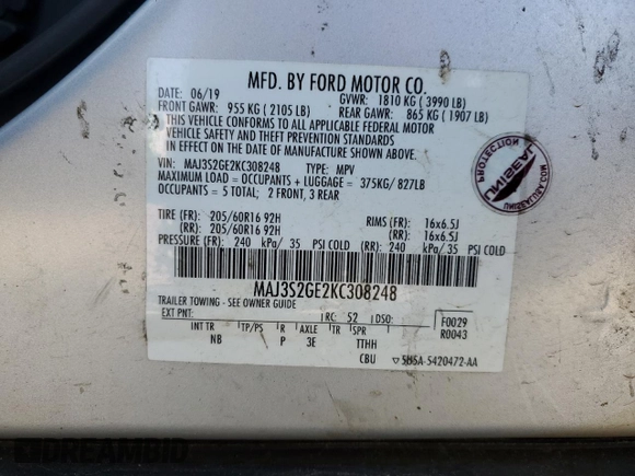 2019 Ford EcoSport SE with VIN MAJ3S2GE2KC308248, listed as a Copart auction lot 56248615 with 96,898 mi miles and Clean Title. Bid and sale history available at DreamBid. Image 13.