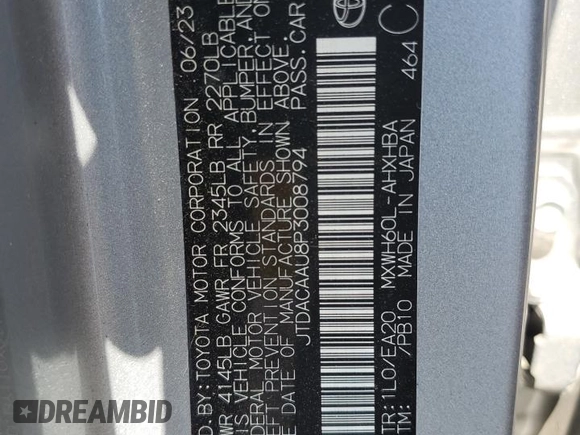 2023 Toyota Prius LE z VIN JTDACAAU8P3008794, wystawiony jako Copart lot #52682695 z przebiegiem 28 912 mil mil oraz Szkoda całkowita • Salvage title. Historia ofert i sprzedaży dostępna na DreamBid. Obrazek 14.