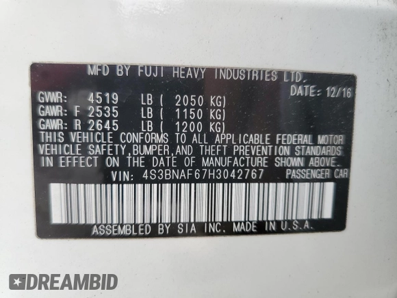 2017 Subaru Legacy Premium z VIN 4S3BNAF67H3042767, wystawiony jako Copart lot #61126805 z przebiegiem 99 178 mil mil oraz Szkoda całkowita • Salvage title. Historia ofert i sprzedaży dostępna na DreamBid. Obrazek 12.