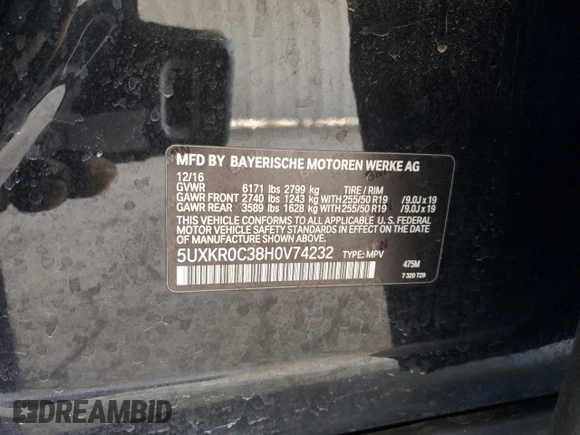 2017 BMW X5 xDrive35i with VIN 5UXKR0C38H0V74232, listed as a Copart auction lot 52200655 with 157,676 mi miles and Salvage Title. Bid and sale history available at carsss.com. Image 13.
