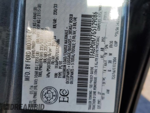 2016 Ford Fusion SE with VIN 1FA6P0H77G5129086, listed as a Copart auction lot 51912785 with 268,311 mi miles and Salvage Title. Bid and sale history available at carsss.com. Image 12.