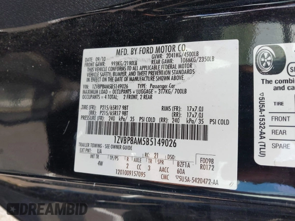 2011 Ford Mustang V6 with VIN 1ZVBP8AM5B5149026, listed as a IAAI auction lot 42551126 with 230,429 mi miles and . Bid and sale history available at DreamBid. Image 9.