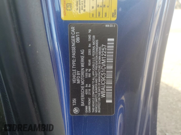 2012 BMW 1 Series 135i with VIN WBAUC9C51CVM12257, listed as a Copart auction lot 78604644 with Not provided miles and Salvage title. Bid and sale history available at DreamBid. Image 13.