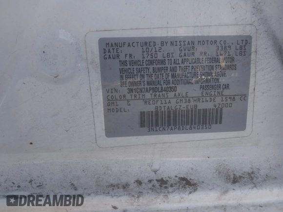 2013 Nissan Versa SV with VIN 3N1CN7AP8DL840350, listed as a IAAI auction lot 41366421 with 145,781 mi miles and . Bid and sale history available at DreamBid. Image 9.
