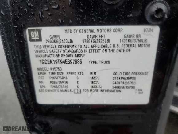 2004 Chevrolet Silverado 1500 Z71 with VIN 1GCEK19T94E397686, listed as a Copart auction lot 43389005 with 126,005 mi miles and Salvage Title. Bid and sale history available at carsss.com. Image 12.