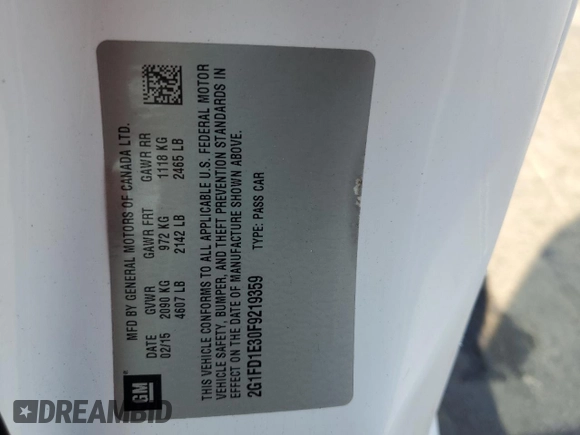 2015 Chevrolet Camaro LT z VIN 2G1FD1E30F9219359, wystawiony jako Copart lot #56681835 z przebiegiem 79 771 mil mil oraz Szkoda całkowita • Salvage title. Historia ofert i sprzedaży dostępna na DreamBid. Obrazek 12.