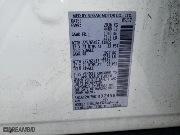 2017 Nissan Rogue S with VIN 5N1AT2MT9HC837458, listed as a Copart auction lot 82841304 with 142,393 mi miles and Non Repairable. Bid and sale history available at carsss.com. Image 14.