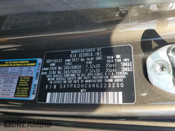 2022 Kia Telluride S with VIN 5XYP6DHC6NG223230, listed as a Copart auction lot 44393595 with 31,697 mi miles and Clean title. Bid and sale history available at DreamBid. Image 13.