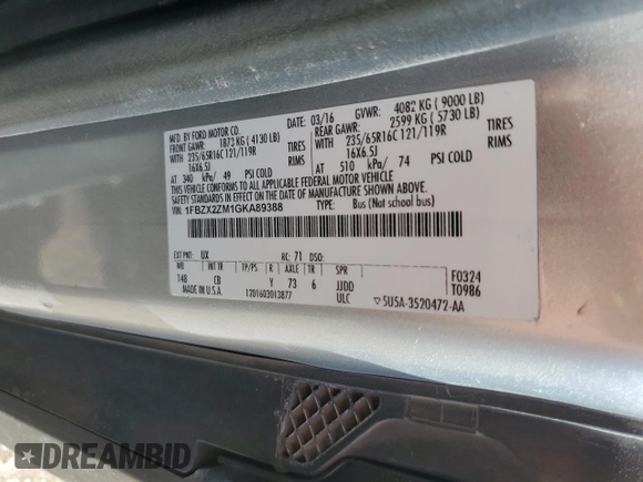 2016 Ford Transit XL с VIN 1FBZX2ZM1GKA89388, выставлен на аукционе Copart как лот 61821985 с пробегом 75 347 миль миль и Списание • Salvage title. История ставок и продаж доступна на DreamBid. Изображение 14.