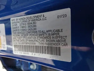 2023 Acura TLX w/A-Spec Package with VIN 19UUB6F58PA000934, listed as a IAAI auction lot 41241476 with 28,380 mi miles. Bid and sale history available at carsss.com. Image 9.