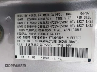 2007 Acura RDX with VIN 5J8TB18217A022565, listed as a IAAI auction lot 41900997 with 1 mi miles. Bid and sale history available at carsss.com. Image 9.